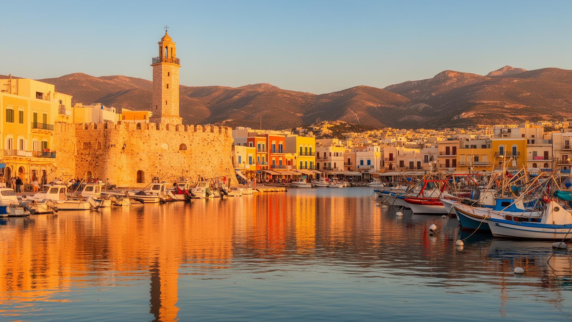 Chania Venetian harbour with colourful buildings and lighthouse