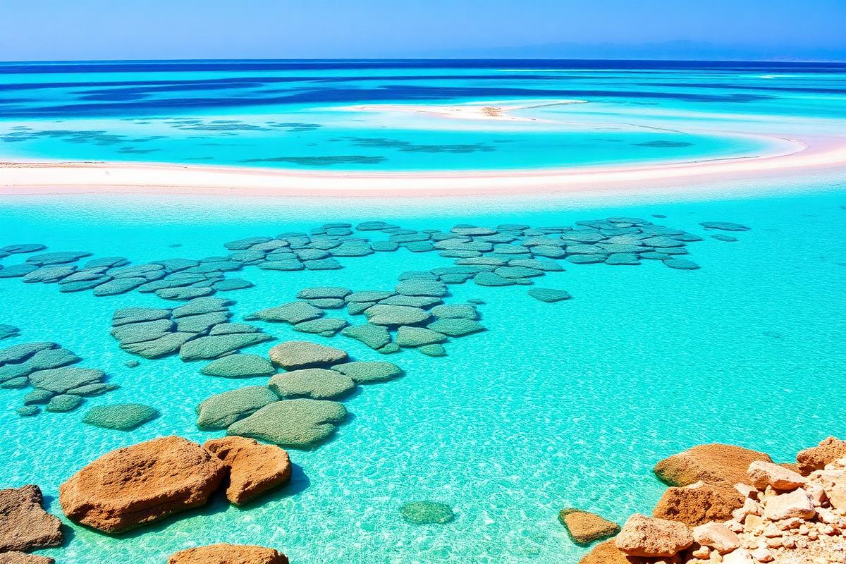 Pink sand and turquoise lagoon at Elafonissi beach, Crete