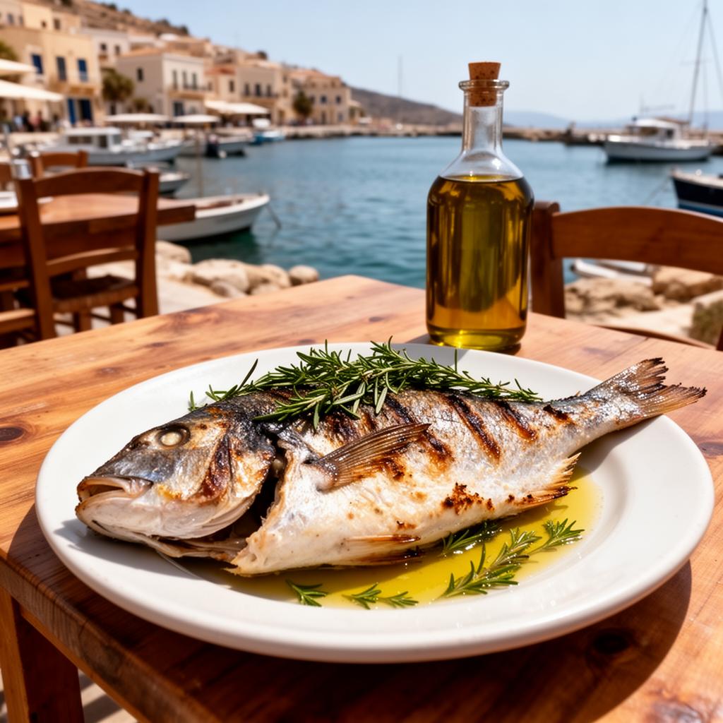 Grilled sea bream with herbs at a Chania harbour restaurant