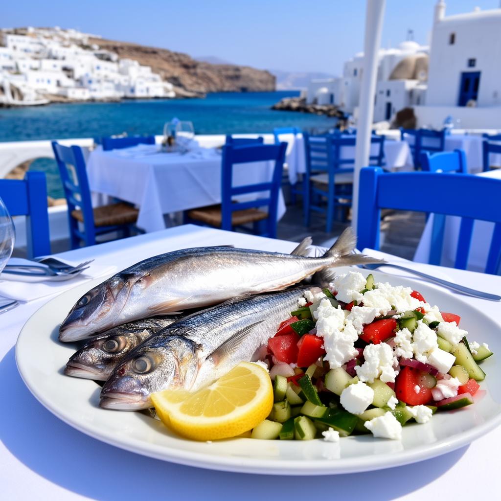 Fresh fish and Greek salad at a Mykonos seaside restaurant