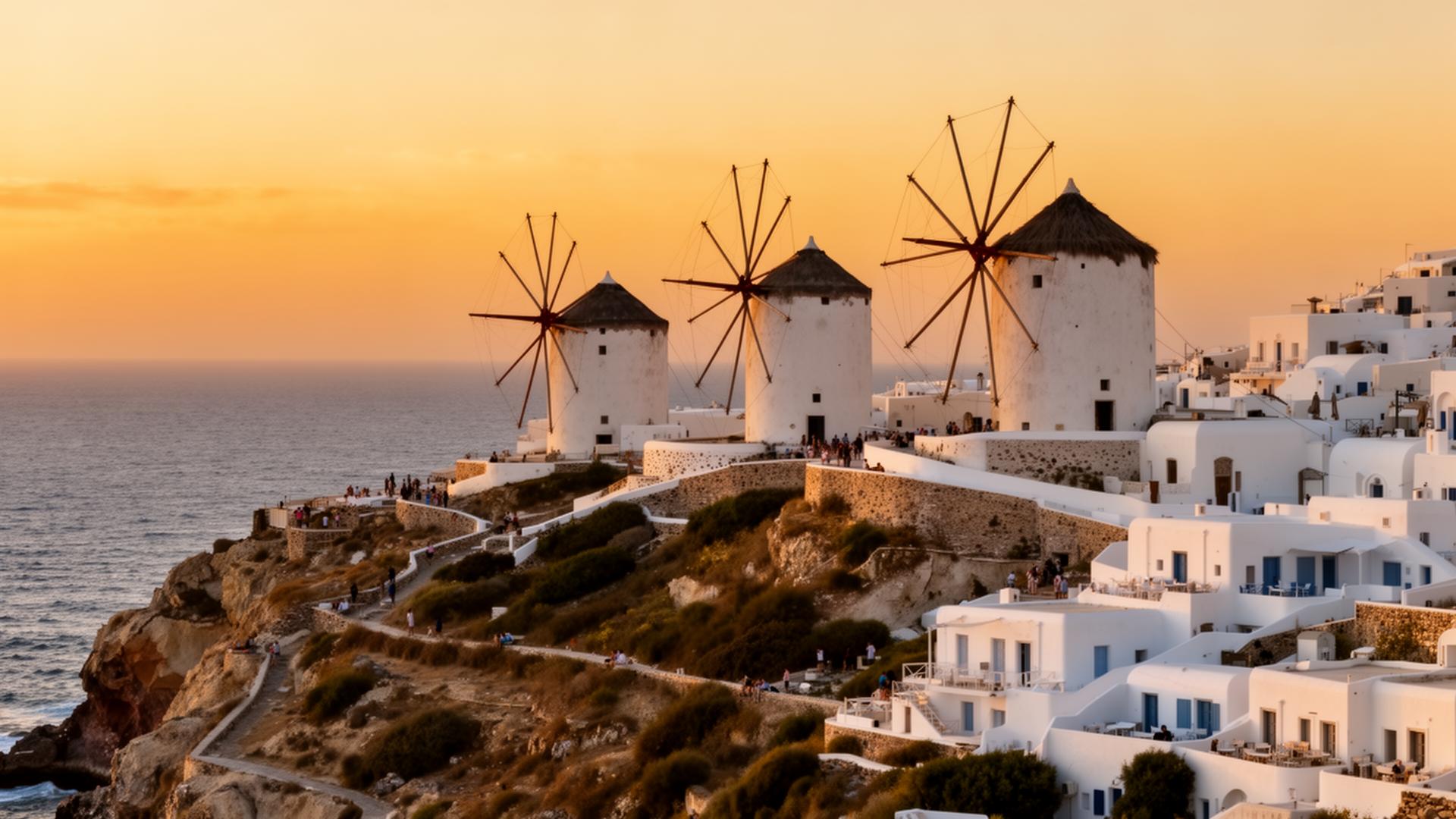 Iconic Mykonos windmills against a blue sky