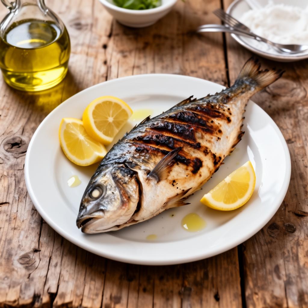 Fresh grilled whole fish with lemon at a Greek taverna
