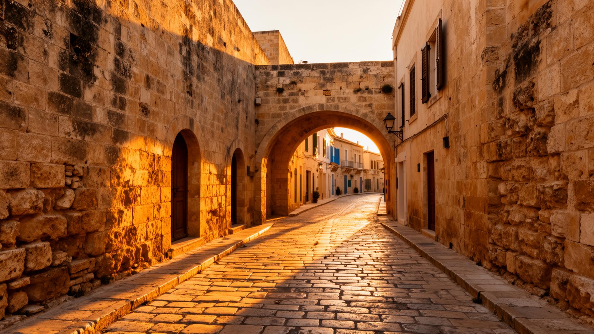Rhodes Old Town medieval cobblestone street at golden hour