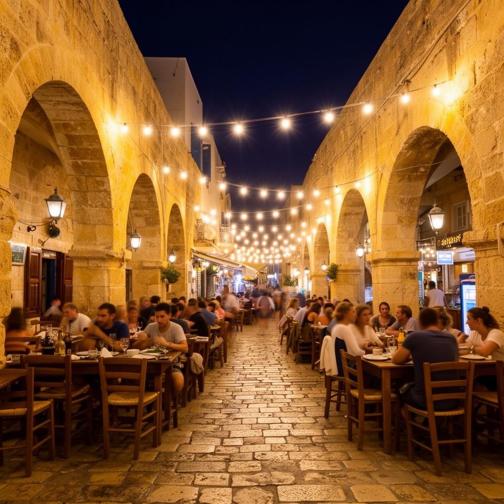 Rhodes Old Town nightlife with outdoor dining under string lights