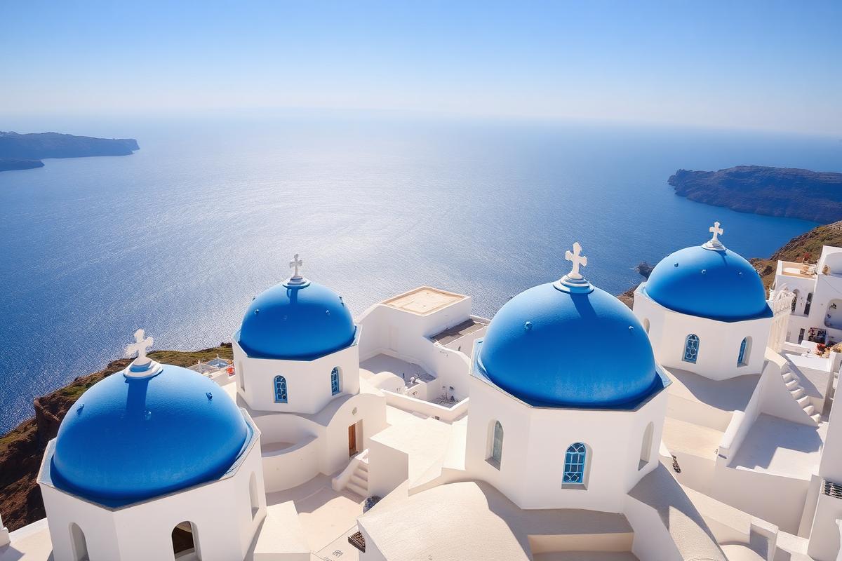 Santorini blue-domed churches against the Aegean Sea