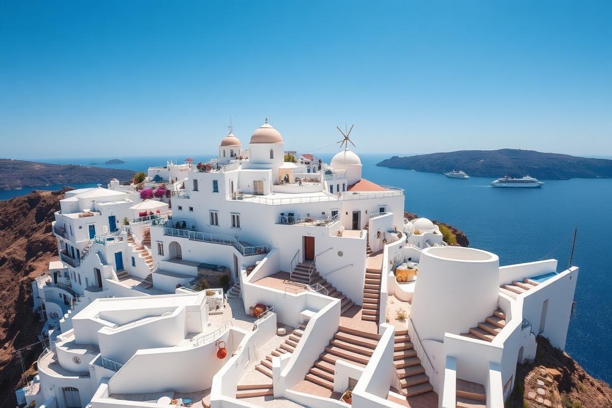 Whitewashed buildings cascading down Fira cliffside