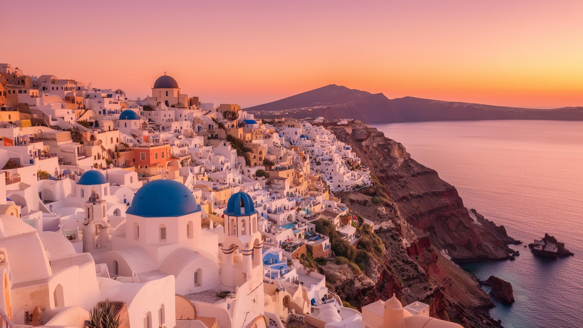 Iconic Oia blue domes with caldera view at sunset