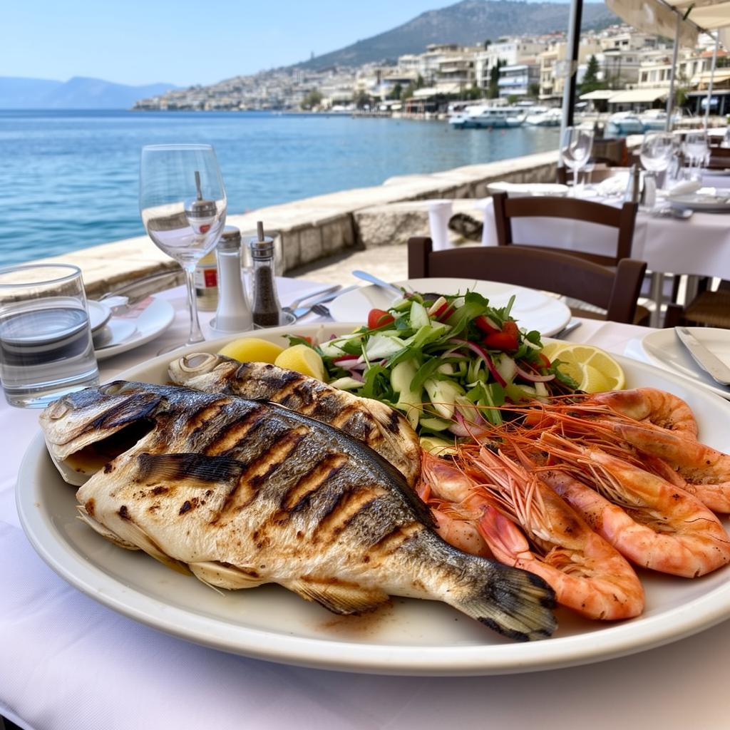 Grilled fish and shrimp platter at a Thessaloniki waterfront restaurant
