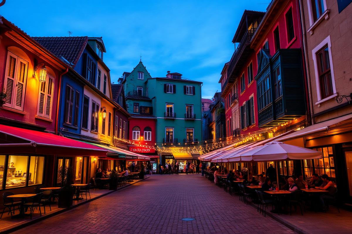 Lively Ladadika district restaurants at night